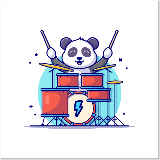 Cute Panda Playing Drum with Stick Music Cartoon Vector Icon Illustration Wall Art by Catalyst Labs